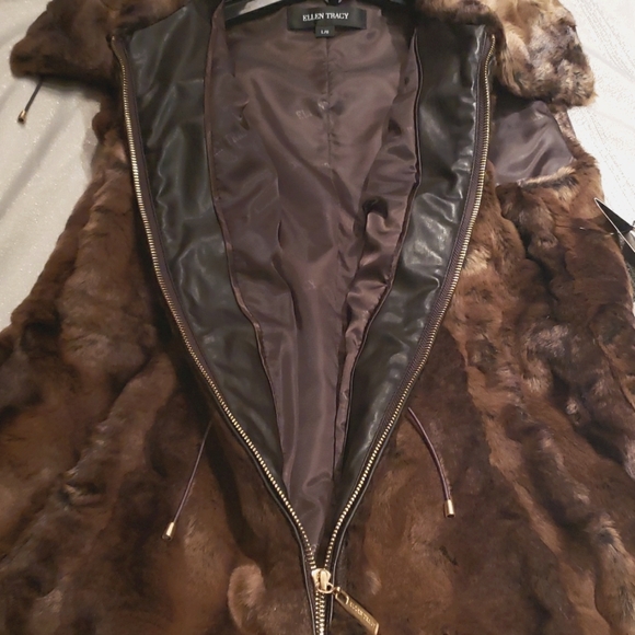 Ellen Tracy NEW VEST Crushed Faux Fur Women's L Drawstring Waist BROWN BLACK NWT - Picture 11 of 16